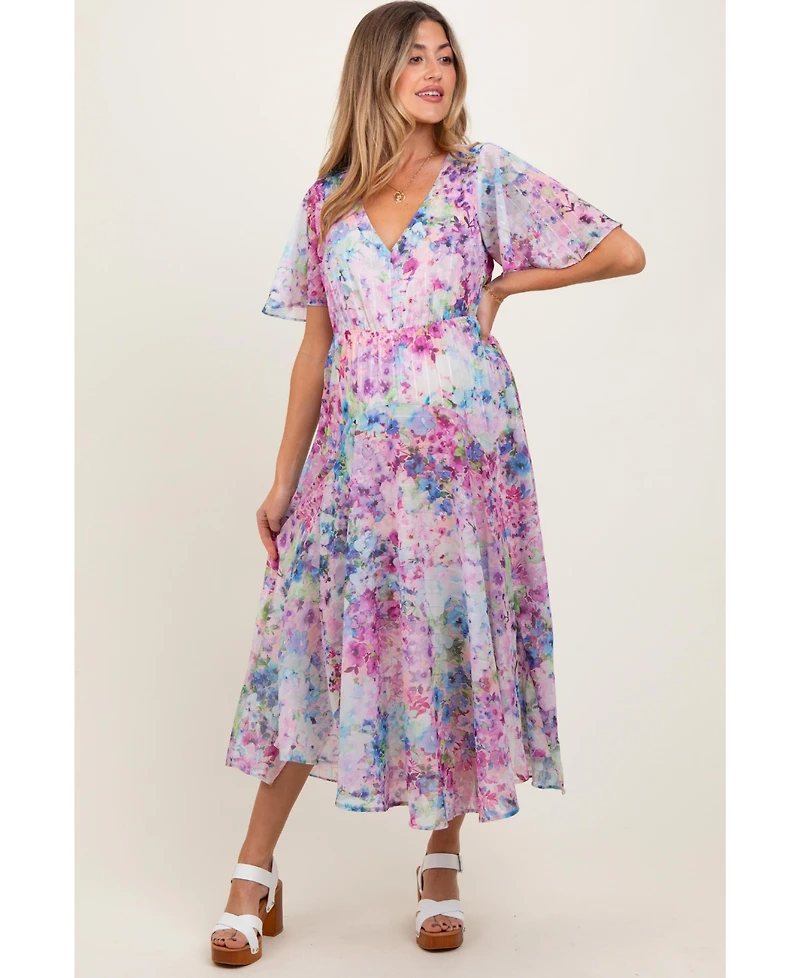 Pinkblush Floral Flutter Sleeve Maternity Midi Dress