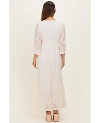 Pinkblush Maternity Ivory Floral Lace 3/4 Ruffle Sleeve V-Neck Maxi Dress