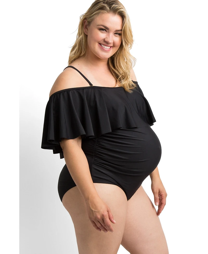 PinkBlush Women's Ruffle Trim Ruched One-Piece Maternity Plus Swimsuit