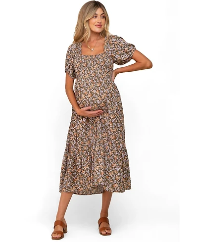 Pinkblush Maternity Taupe Floral Smocked Puff Sleeve Midi Dress