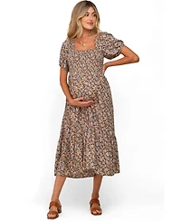 Pinkblush Maternity Taupe Floral Smocked Puff Sleeve Midi Dress