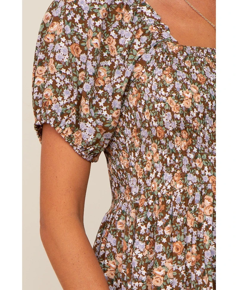 Pinkblush Maternity Taupe Floral Smocked Puff Sleeve Midi Dress