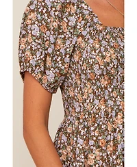 Pinkblush Maternity Taupe Floral Smocked Puff Sleeve Midi Dress