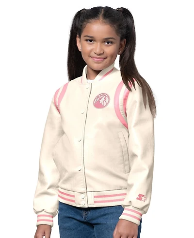 Starter Girls Cream/Pink Minnesota Timberwolves Underdog Leather Varsity Jacket