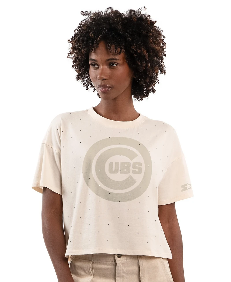Starter Women's Cream Chicago Cubs Rhinestone Sprinkle Boxy Cropped T-Shirt