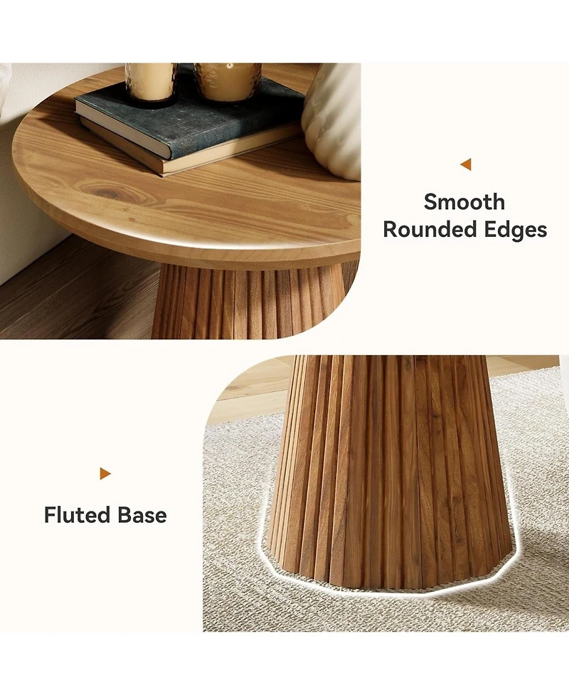 Slickblue Solid Wood Accent End Table with Round Top and Fluted Base