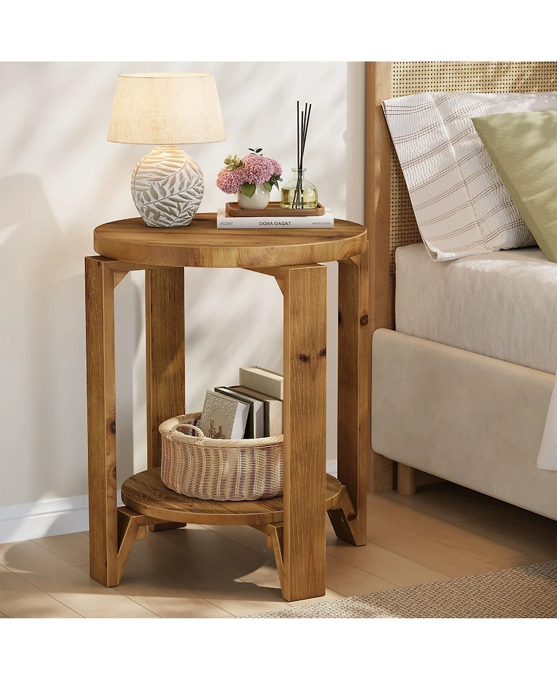 Slickblue 2 Tier Round Sofa Side Table with Storage Shelf Solid Wood Design