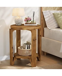 Slickblue 2 Tier Round Sofa Side Table with Storage Shelf Solid Wood Design