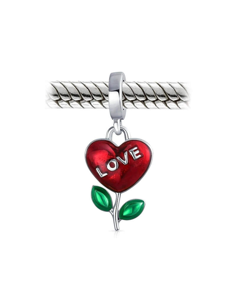 Bling Jewelry Love Grows Red Enamel Heart Dangle Flower Charm Bead .925 Sterling Silver Fits European Bracelet