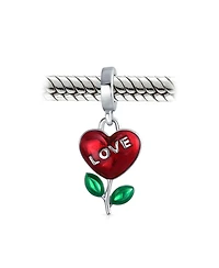 Bling Jewelry Love Grows Red Enamel Heart Dangle Flower Charm Bead .925 Sterling Silver Fits European Bracelet