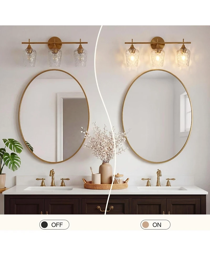 Tribesigns 3-Light Bathroom Vanity Light, Brushed Brass Vanity Light Fixtures Over Mirror with Water Ripple Clear Glass Shades