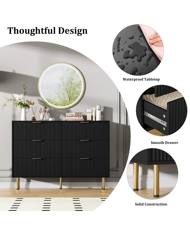 homfan Fluted Wood Dresser 6 Drawers for Bedroom, Large Modern Chest of Drawers, with Faux Marble Top and Handle