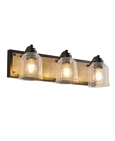 Busdays 23 Inch Farmhouse Vanity Light Fixture 3 Light Bathroom Wall Sconce with Clear Seeded Glass Wood Grain Finish Modern Industrial No Bulbs