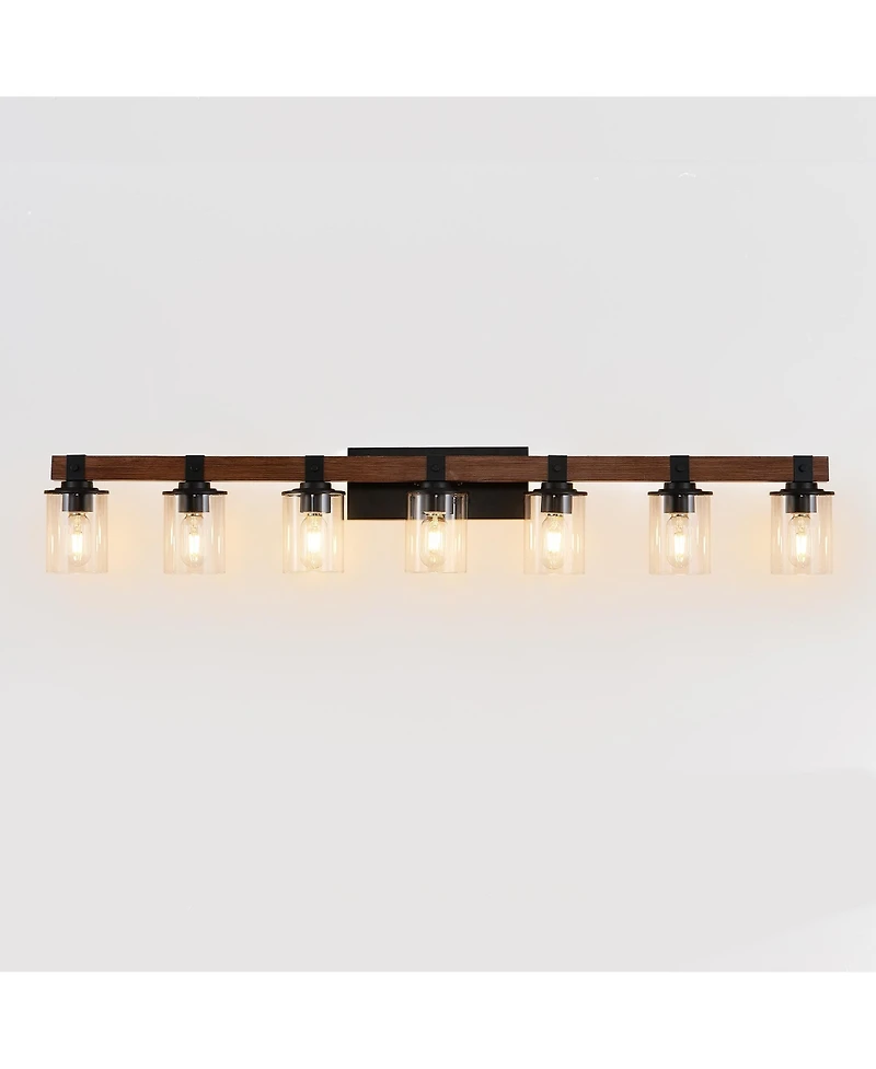Busdays 50 Inch Rustic 7 Light Vanity Light Industrial Bathroom Wall Sconce with Glass Shades and Wood Accent Modern Farmhouse Lighting No Bulbs