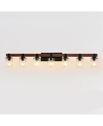 Busdays 50 Inch Rustic 7 Light Vanity Light Industrial Bathroom Wall Sconce with Glass Shades and Wood Accent Modern Farmhouse Lighting No Bulbs