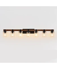 Busdays 50 Inch Rustic 7 Light Vanity Light Industrial Bathroom Wall Sconce with Glass Shades and Wood Accent Modern Farmhouse Lighting No Bulbs