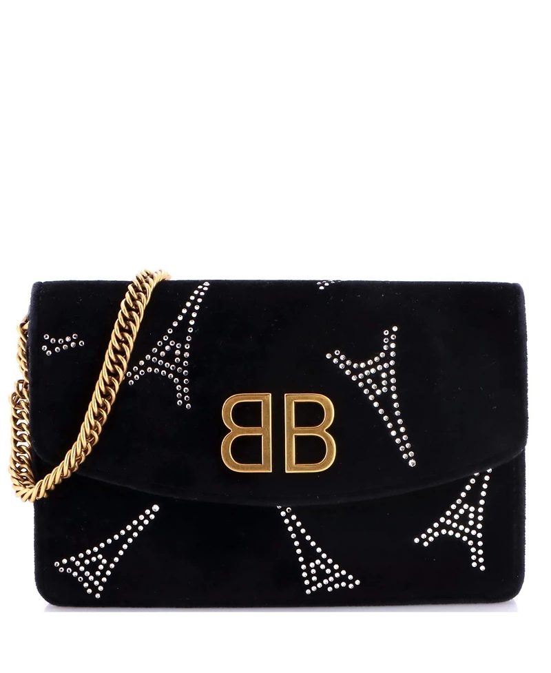 Pre-Owned Balenciaga Small Bb Round Wallet on Chain Crystal Embellished Velvet