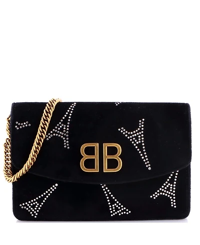 Pre-Owned Balenciaga Small Bb Round Wallet on Chain Crystal Embellished Velvet