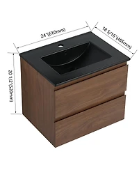 Sillysis 24 Inch Wall Mounted Bathroom Vanity with Ceramic Sink, Soft Close Drawers, Wood Grain Plywood for Modern Bathrooms