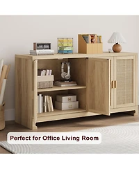 homfan Modern 4-Door Rattan Sideboard, Wooden Accent Buffet Cabinet with Ample Storage for Entryway, Living Room and Dining