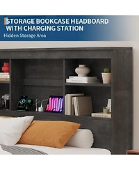homfan 51" Tall Storage Headboard Bed Frame – Wood Platform with 4 Drawers, Built-in Charging Station, Metal Frame, Noise-Free, Farmhouse Style