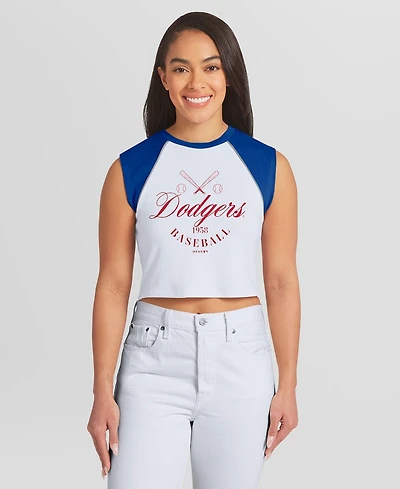 Wear by Erin Andrews Women's White Los Angeles Dodgers Cooperstown Cropped Raglan Tank Top