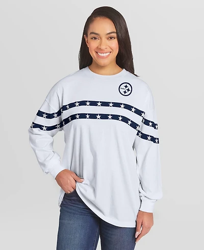 Wear by Erin Andrews Women's White Pittsburgh Steelers Americana Stripe Long Sleeve T-Shirt