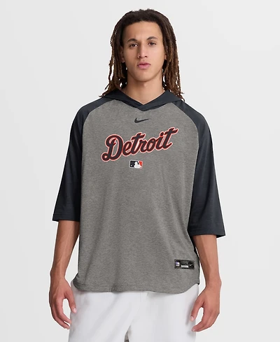 Nike Men's Gray Detroit Tigers Authentic Collection Flux Dri-fit Raglan 3/4-Sleeve Hooded T-Shirt