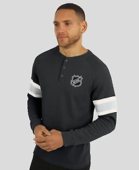 Fanatics Men's Black Nhl Waffle-Knit Raglan Long Sleeve Henley T-Shirt