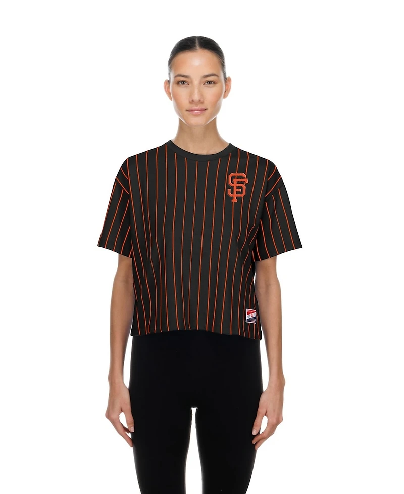 New Era Women's Black San Francisco Giants Throwback Meshback Pinstripe Boxy T-Shirt
