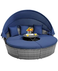 Gymax Outdoor Round Daybed with Retractable Canopy and Side Table Backyard Poolside Lawn