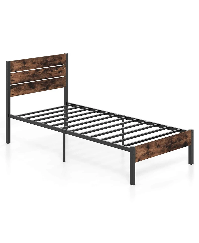 Costway Bed Frame with Tall Industrial Headboard Heavy-Duty Metal Slats Support