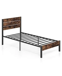 Costway Bed Frame with Tall Industrial Headboard Heavy-Duty Metal Slats Support