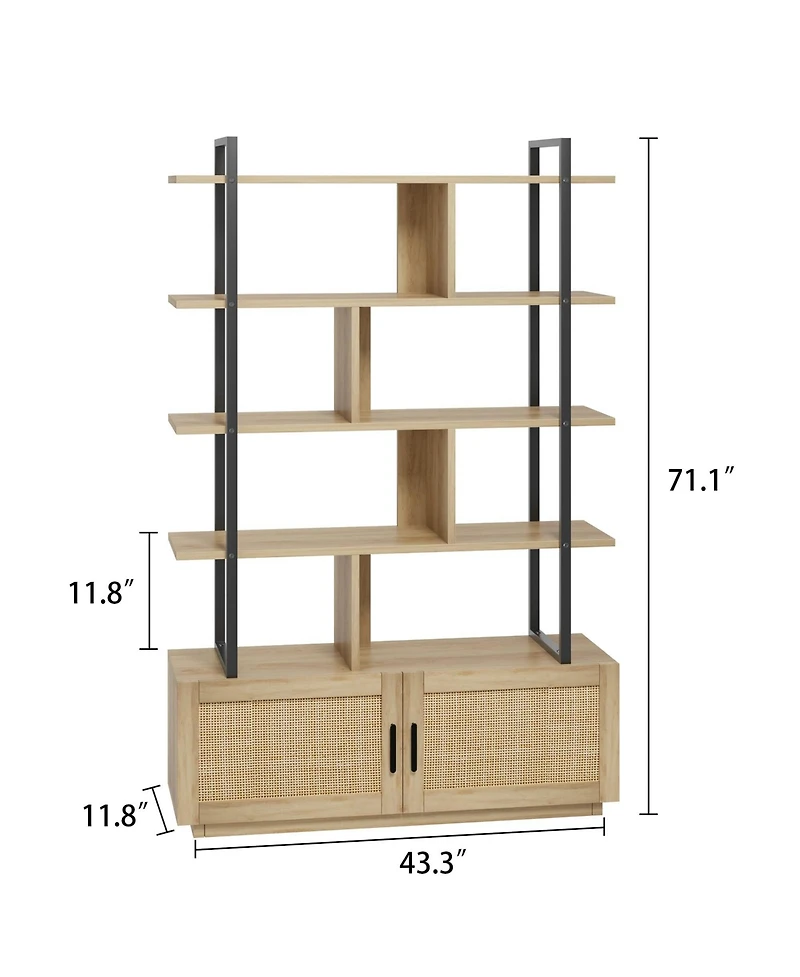 gaomon 5 Tier Rattan Bookshelf with Storage Cabinet Industrial Style Open Shelf Bookcase for Home Living Space