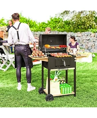 Asagikoiai Large Charcoal Bbq Grill with Thermometer, Wheels and Side Shelves