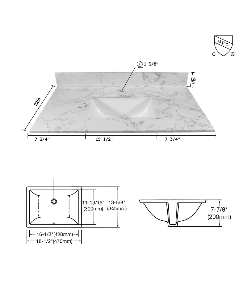 Sillysis 31/37/43 Inch Carrara Marble Stone Bathroom Vanity Top with Rectangular Undermount Sink and Backsplash