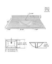 Sillysis 31/37/43 Inch Carrara Marble Stone Bathroom Vanity Top with Rectangular Undermount Sink and Backsplash
