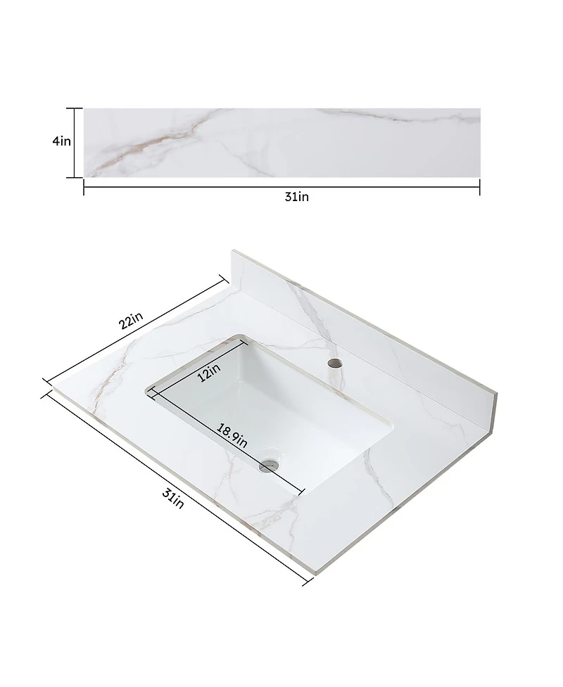 Sillysis Sintered Stone Vanity Top with Backsplash, Rectangular Undermount Sink, Pre-Drilled Faucet Hole