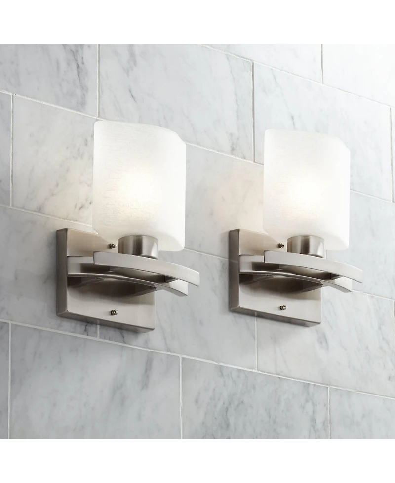 Possini Euro Design Modern Wall Light Sconces Set of 2 Brushed Nickel Hardwired 8 1/2" Fixture White Linen Glass Shade for Bedroom