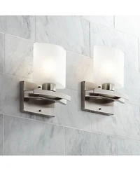 Possini Euro Design Modern Wall Light Sconces Set of 2 Brushed Nickel Hardwired 8 1/2" Fixture White Linen Glass Shade for Bedroom