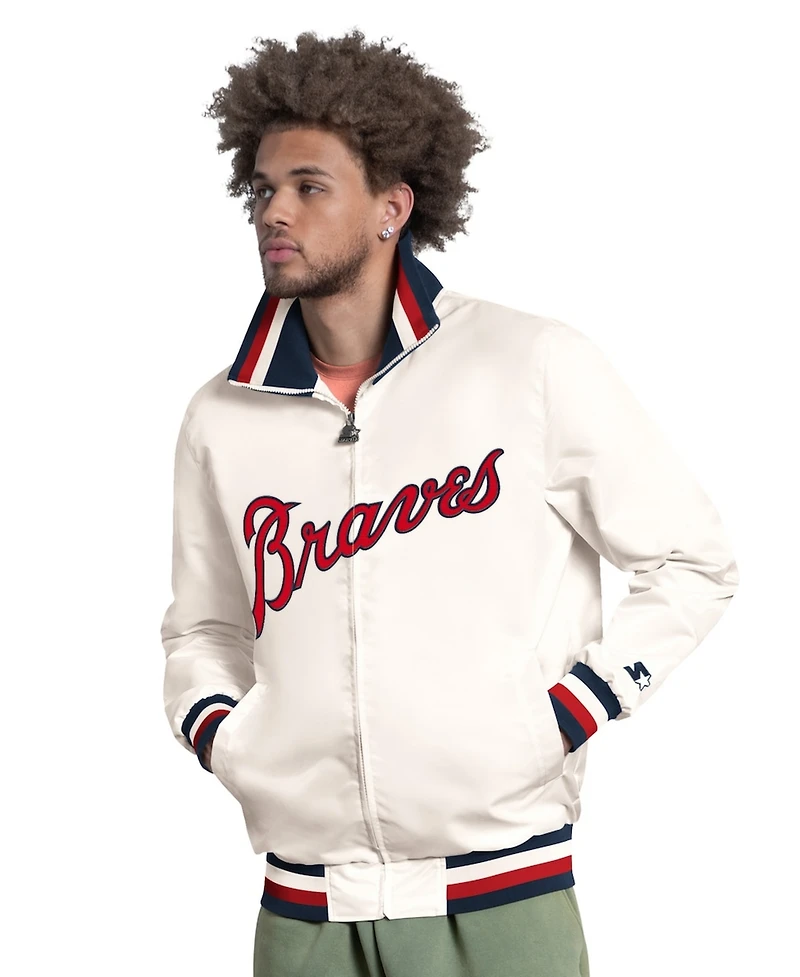 Starter Men's White Atlanta Braves The Captain Cooperstown Logo Full-Zip Varsity Jacket