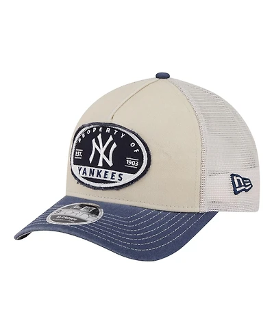 New Era Men's Light Beige/Navy New York Yankees Frayed M-Crown A-Frame 9FORTY Trucker Adjustable Hat