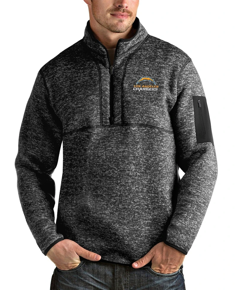 Antigua Men's Heathered Black Los Angeles Chargers Fortune Quarter-Zip Pullover Jacket