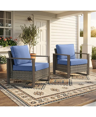 Pocassy Wicker Patio Chairs Set of 2,Oversize Outdoor with High Backrest Metal Armrest, All Weather Pe Rattan Seating
