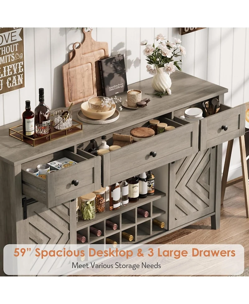 gaomon Farmhouse 59" Buffet Cabinet with Sliding Barn Door, 33.4" Tall Wood Rustic Sideboard with 3 Drawer