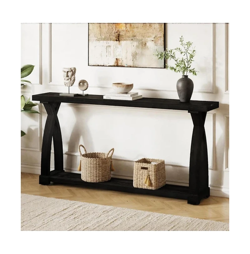 Slickblue Narrow Solid Wood Sofa Console Table with 2-Tier Storage for Entryway