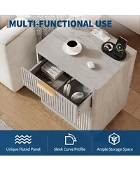 homfan Set of 2 Fluted Nightstands with Charging Station, 3-Drawer Bedside Tables Outlets and Usb Ports, Metal Handles