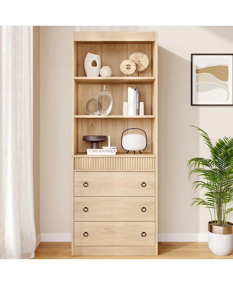 Homfan 70.8" fluted 6-tier bookcase with drawers, open shelves, and woven design-ideal storage cabinet for living room organization.