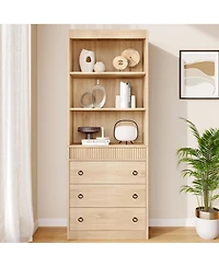 Homfan 70.8" fluted 6-tier bookcase with drawers, open shelves, and woven design-ideal storage cabinet for living room organization.
