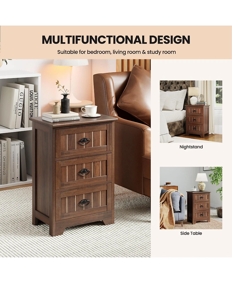 Gymax 3 Drawers End Table Nightstand Bedroom Storage Wood Slide